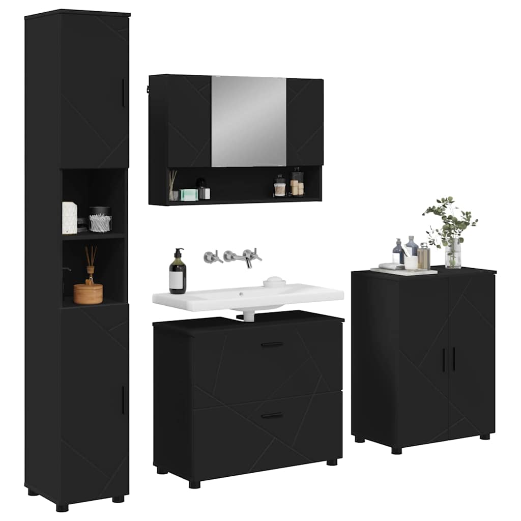 Badezimmermöbel-Set mit Tür 4 pcs Schwarz Sperrholz und Metall