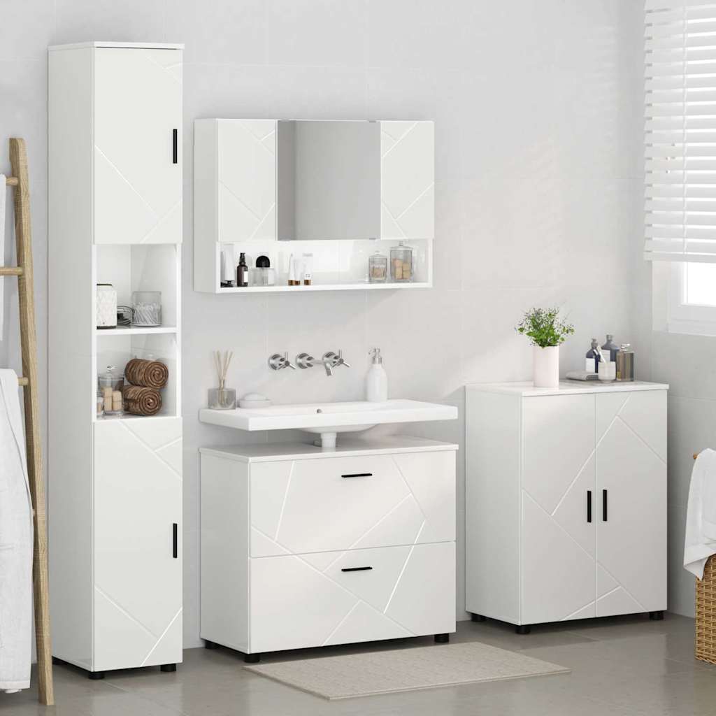 Badezimmermöbel-Set 4 pcs Hochglanz Weiß Sperrholz und Metall