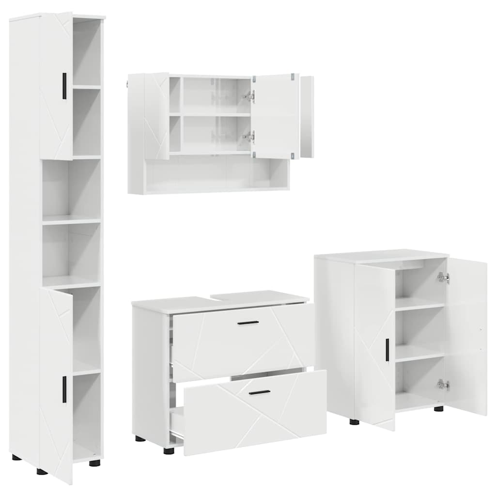 Badezimmermöbel-Set 4 pcs Hochglanz Weiß Sperrholz und Metall