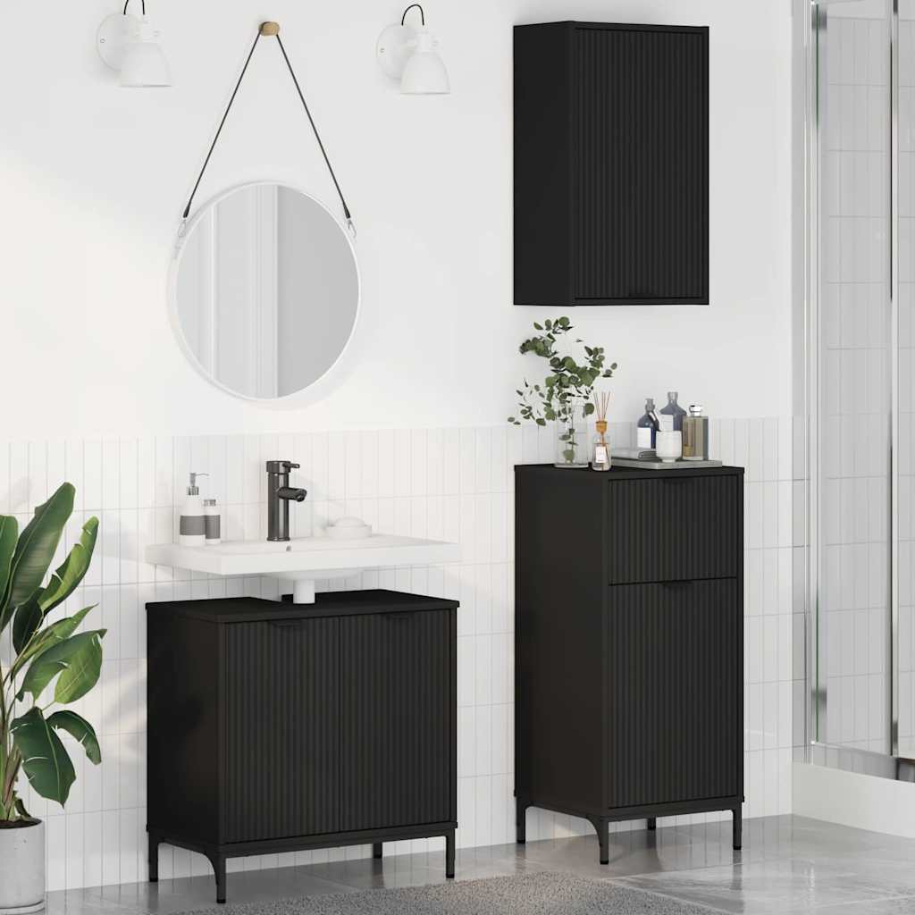 Badezimmermöbel-Set mit Tür 3 pcs Schwarz Sperrholz und Metall