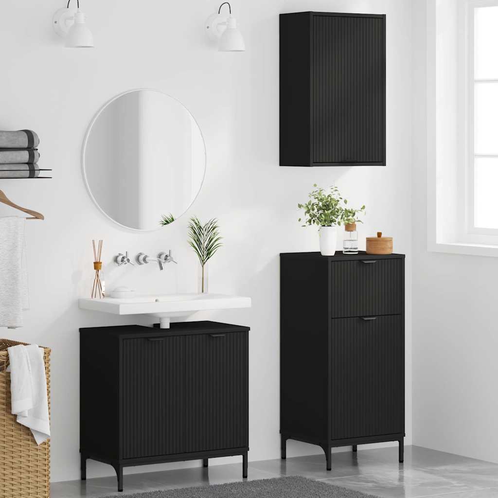 Badezimmermöbel-Set mit Tür 3 pcs Schwarz Sperrholz und Metall