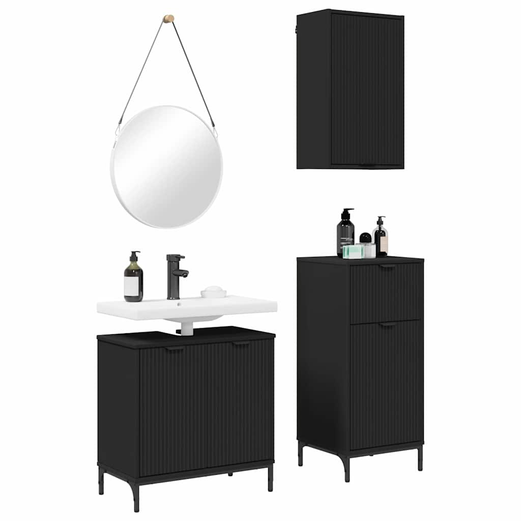 Badezimmermöbel-Set mit Tür 3 pcs Schwarz Sperrholz und Metall