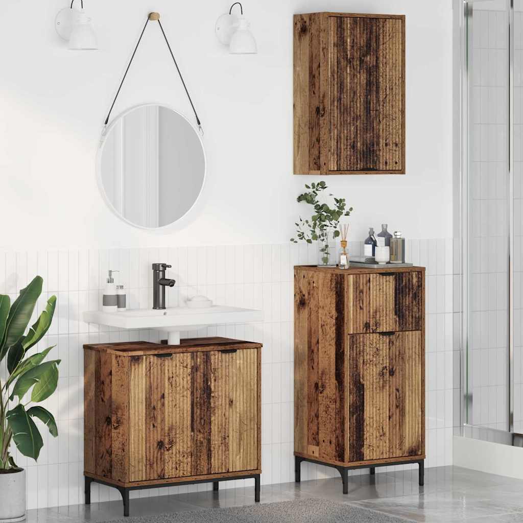 Badezimmermöbel-Set mit Tür 3 pcs Altholz Sperrholz und Metall