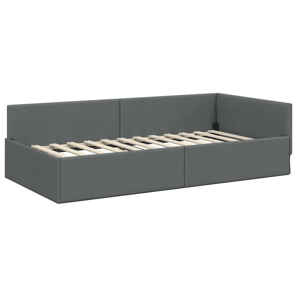 Eckbettgestell mit Kopfteil Dunkelgrau 90 cm x 200 cm Stoff