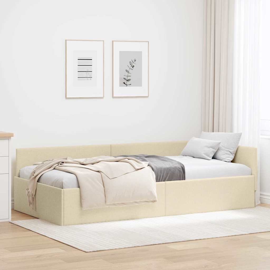 Eckbettgestell mit Kopfteil Creme 90 cm x 200 cm Stoff