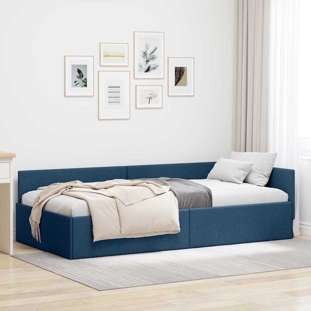 Eckbettgestell mit Kopfteil Blau 100 cm x 200 cm Stoff