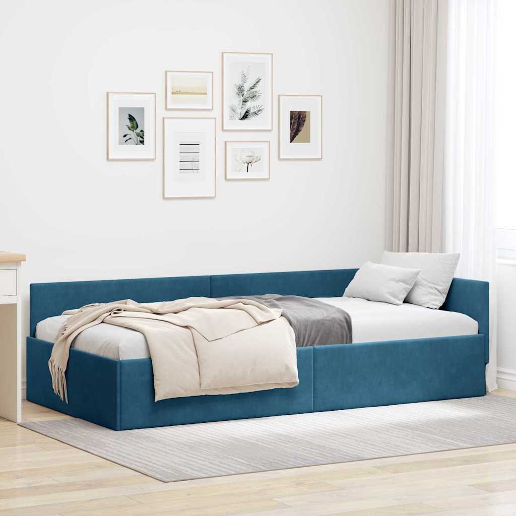 Eckbettgestell mit Kopfteil Blau 100 cm x 200 cm Samt