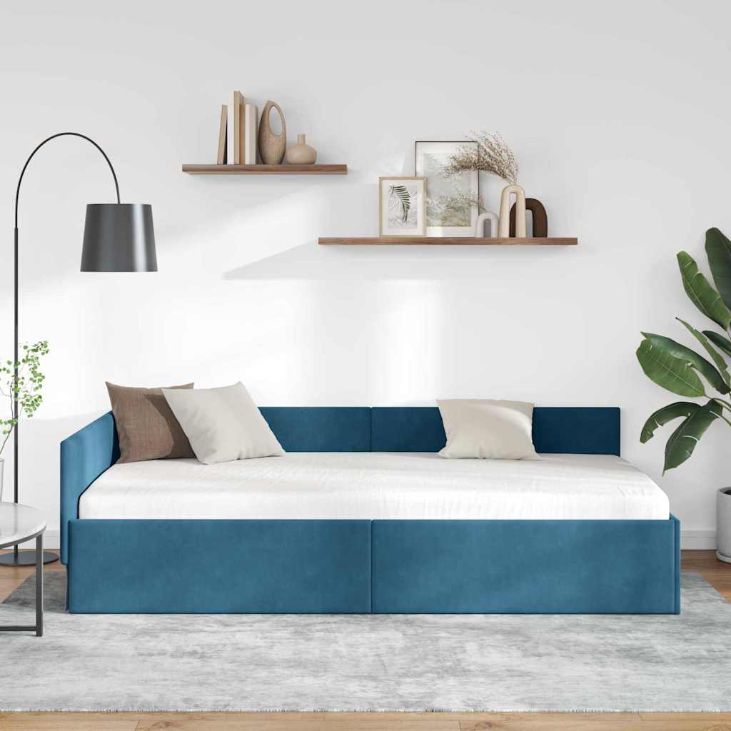 Eckbettgestell mit Kopfteil Blau 100 cm x 200 cm Samt