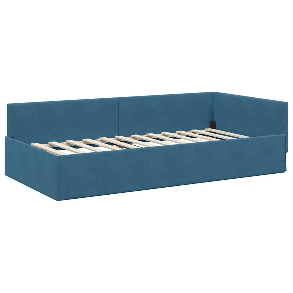 Eckbettgestell mit Kopfteil Blau 100 cm x 200 cm Samt