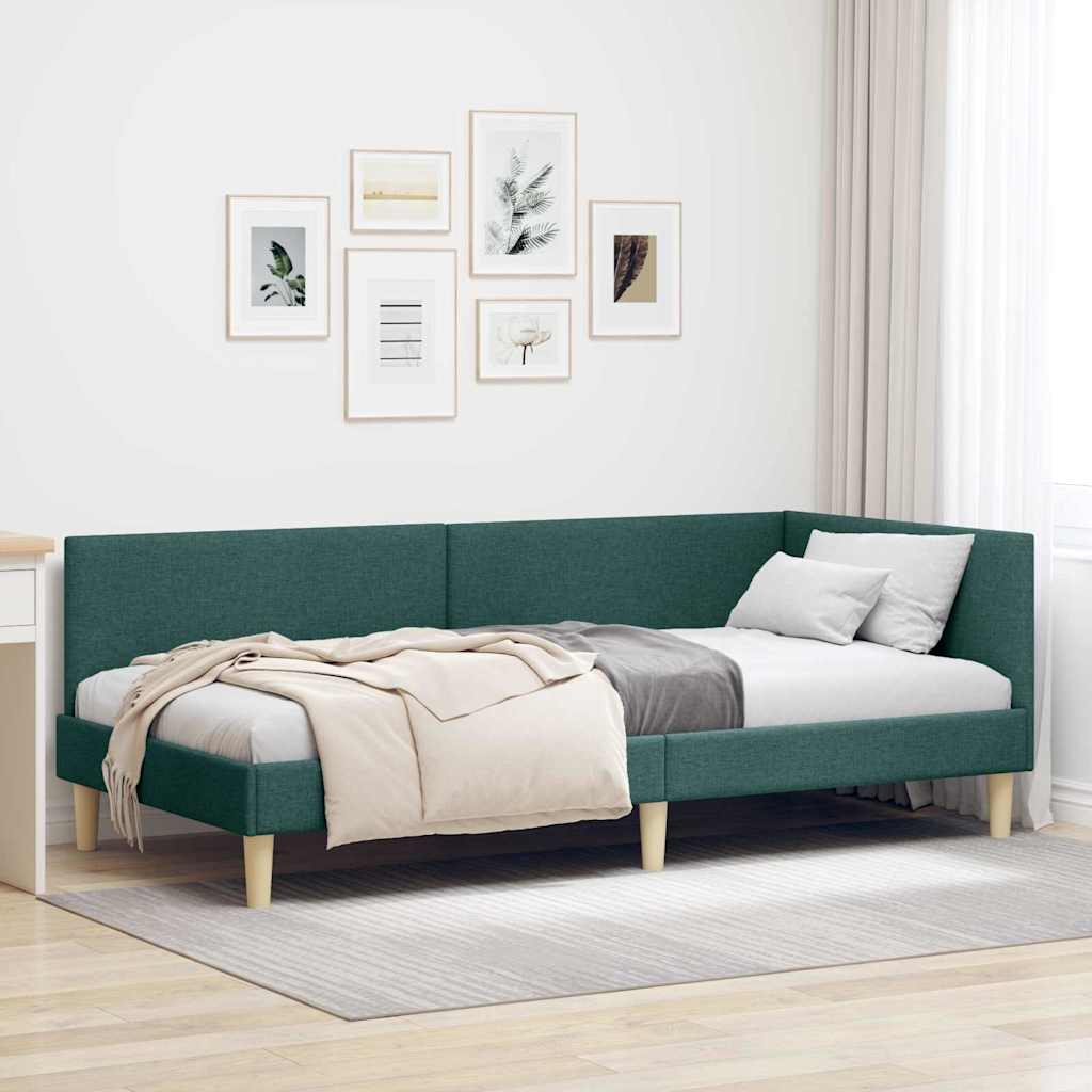 Eckbettgestell Dunkelgrün 100 cm x 200 cm Stoff und Sperrholz