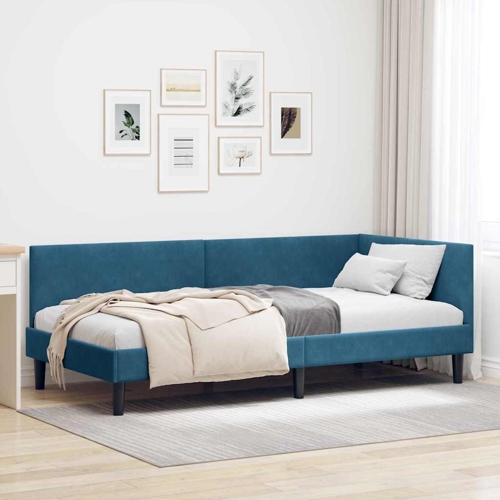 Eckbettgestell mit Kopfteil Blau 90 cm x 200 cm Samt