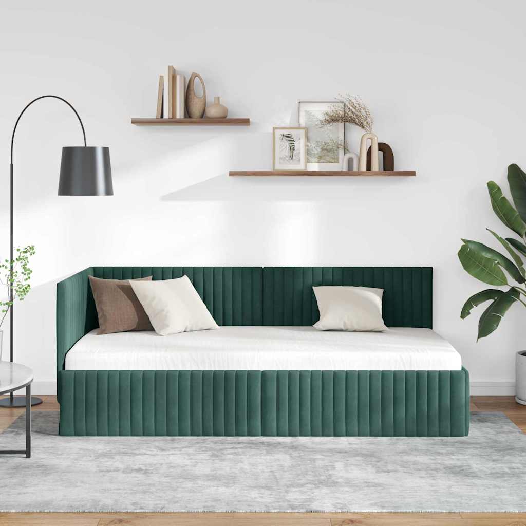 Eckbettgestell mit Kopfteil Dunkelgrün 90 cm x 190 cm Samt