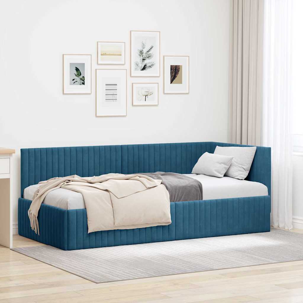 Eckbettgestell mit Kopfteil Blau 90 cm x 200 cm Samt