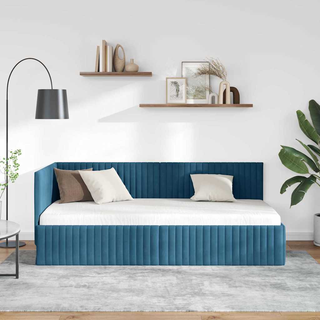 Eckbettgestell mit Kopfteil Blau 90 cm x 200 cm Samt