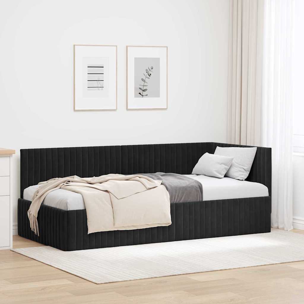 Eckbettgestell mit Kopfteil Schwarz 90 cm x 200 cm Samt