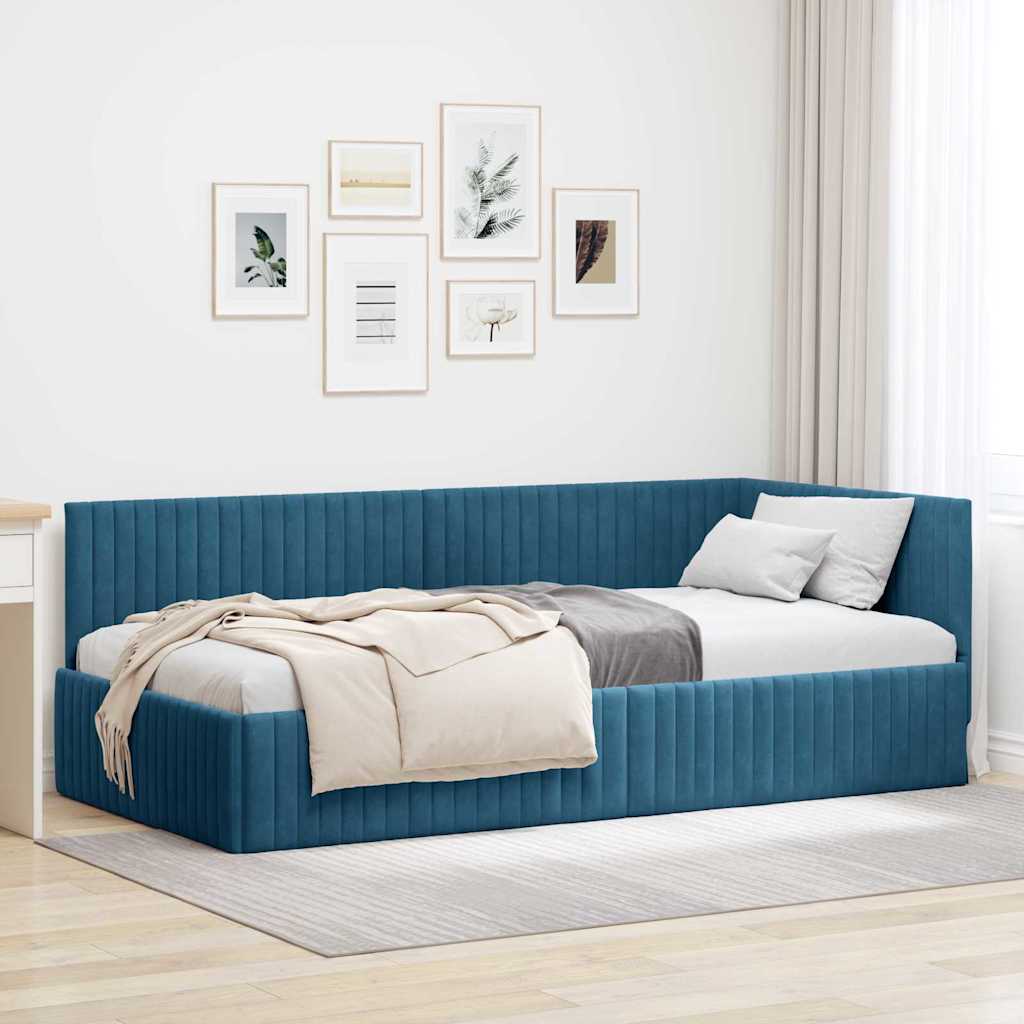 Eckbettgestell mit Kopfteil Blau 100 cm x 200 cm Samt
