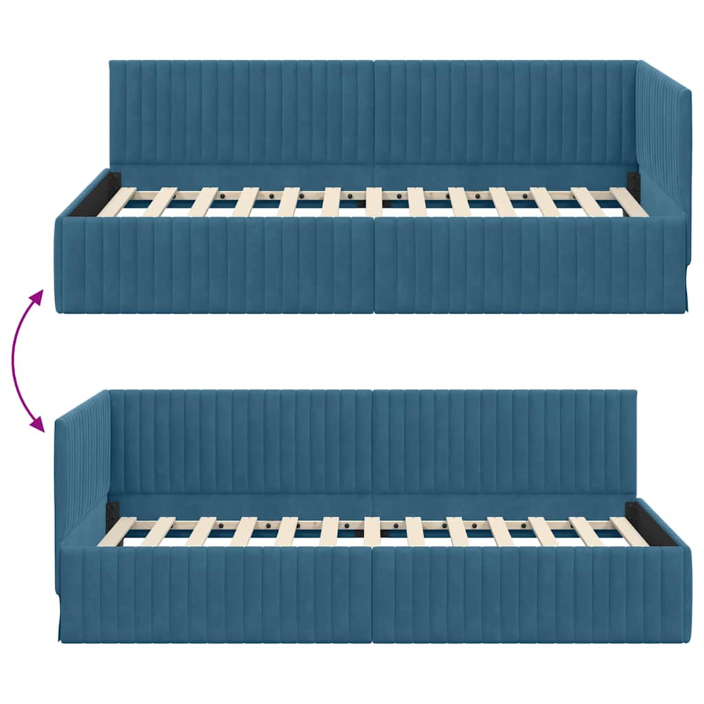 Eckbettgestell mit Kopfteil Blau 100 cm x 200 cm Samt
