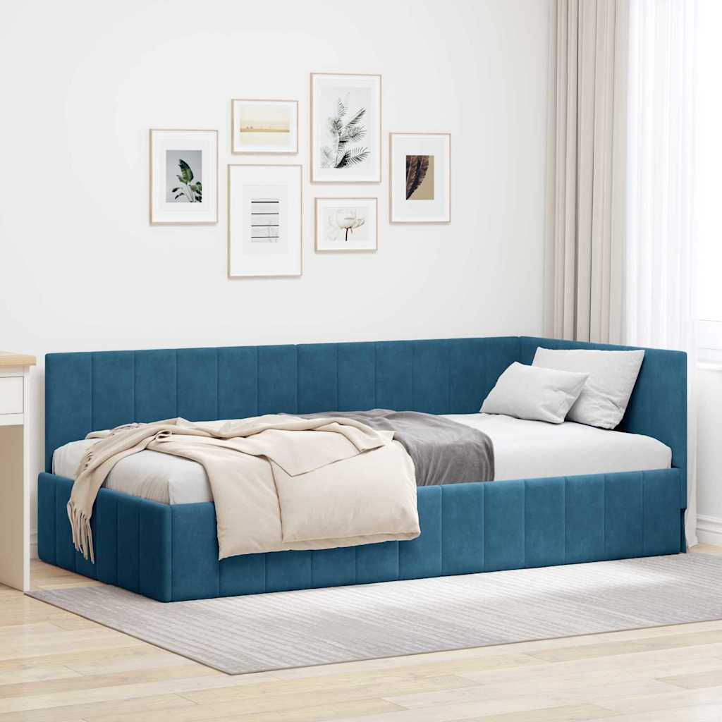 Eckbettgestell mit Kopfteil Blau 90 cm x 200 cm Samt