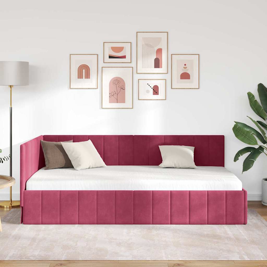 Eckbettgestell mit Kopfteil Weinrot 90 cm x 200 cm Samt