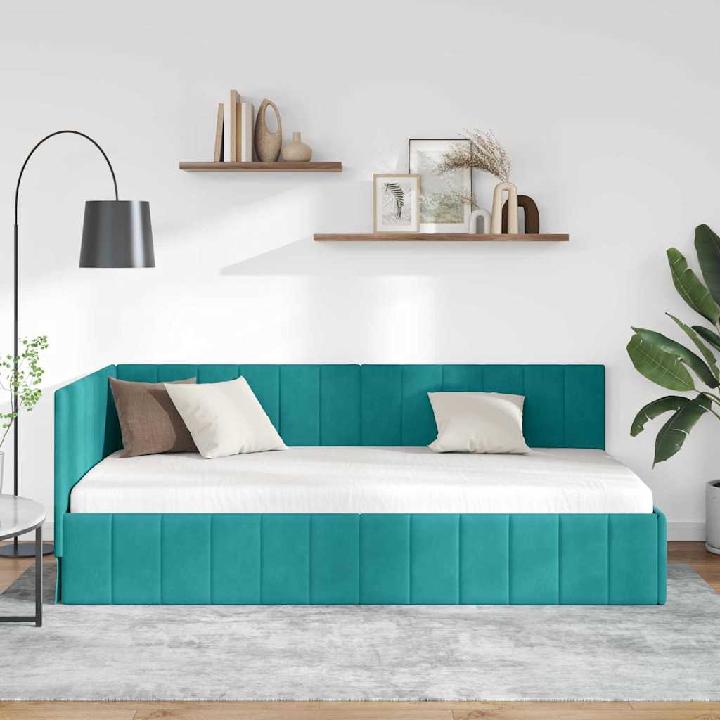 Eckbettgestell mit Kopfteil Türkis 90 cm x 200 cm Samt