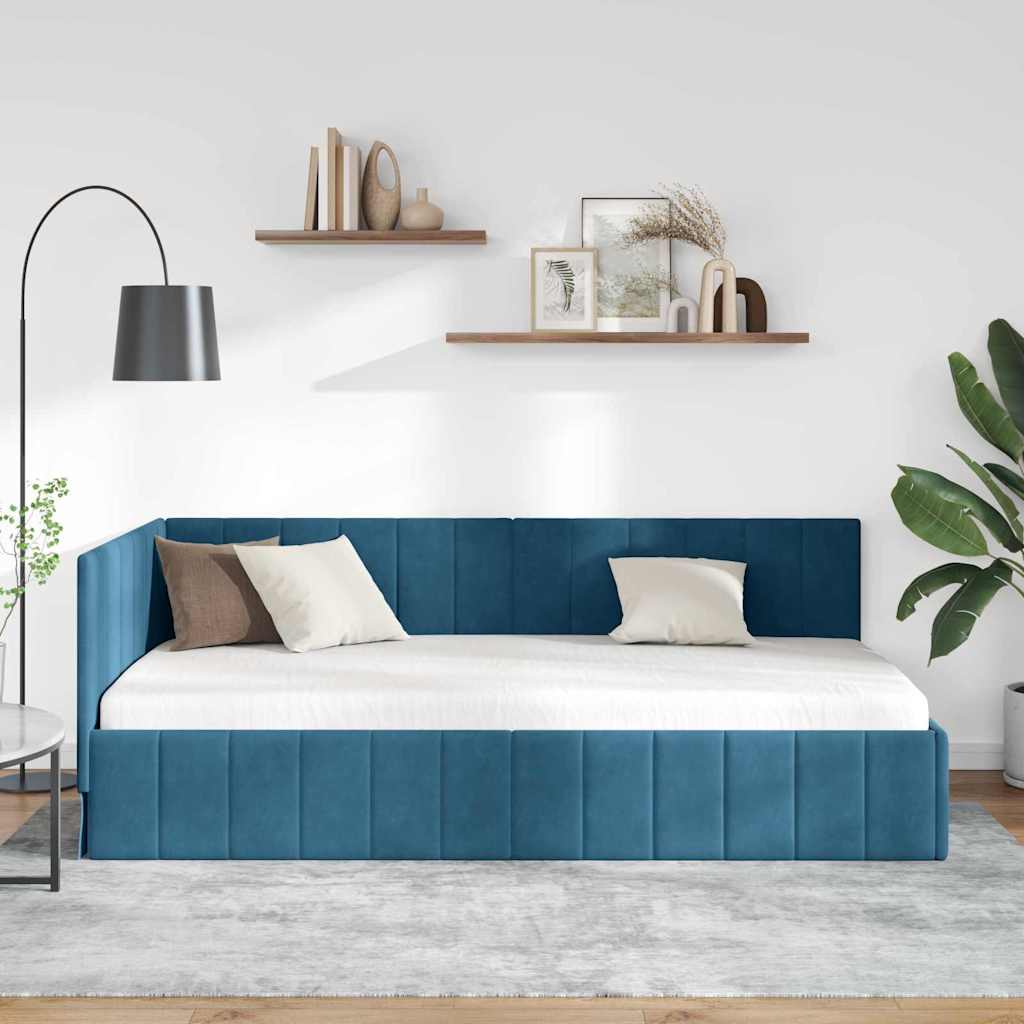 Eckbettgestell mit Kopfteil Blau 100 cm x 200 cm Samt