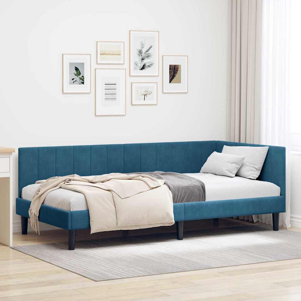 Eckbettgestell mit Kopfteil Blau 90 cm x 190 cm Samt