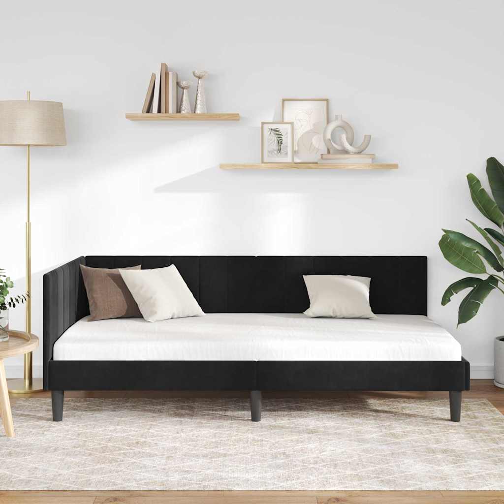 Eckbettgestell mit Kopfteil Schwarz 90 cm x 190 cm Samt