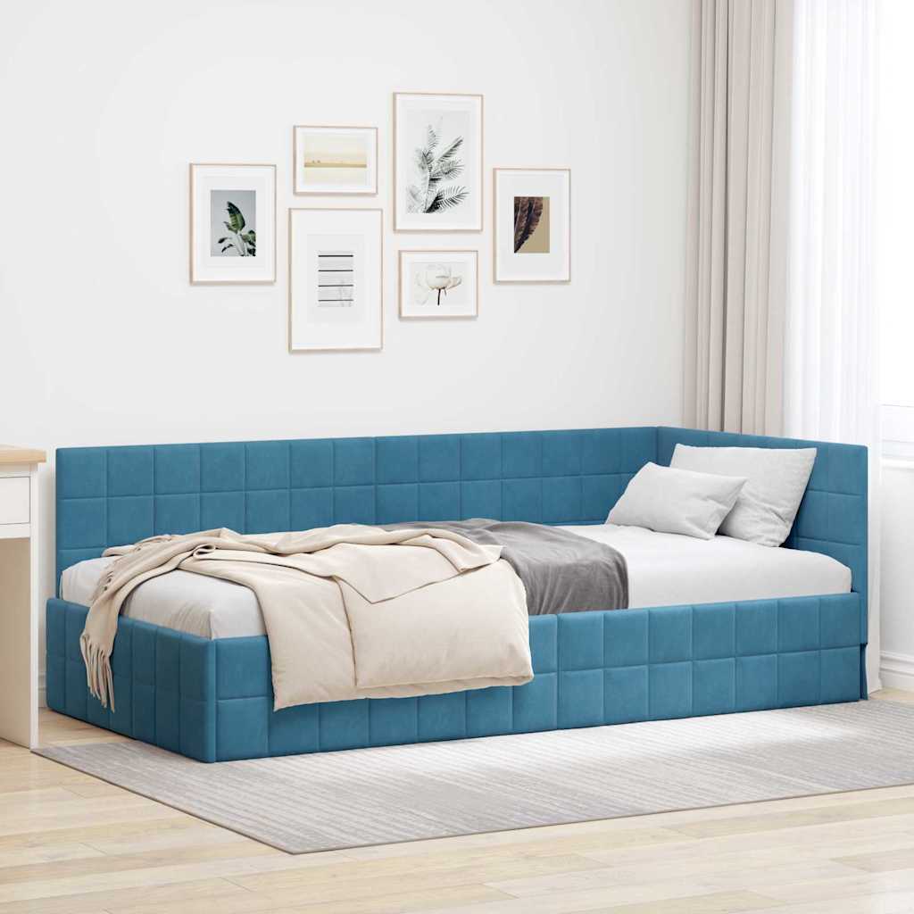 Eckbettgestell mit Kopfteil Blau 90 cm x 190 cm Samt