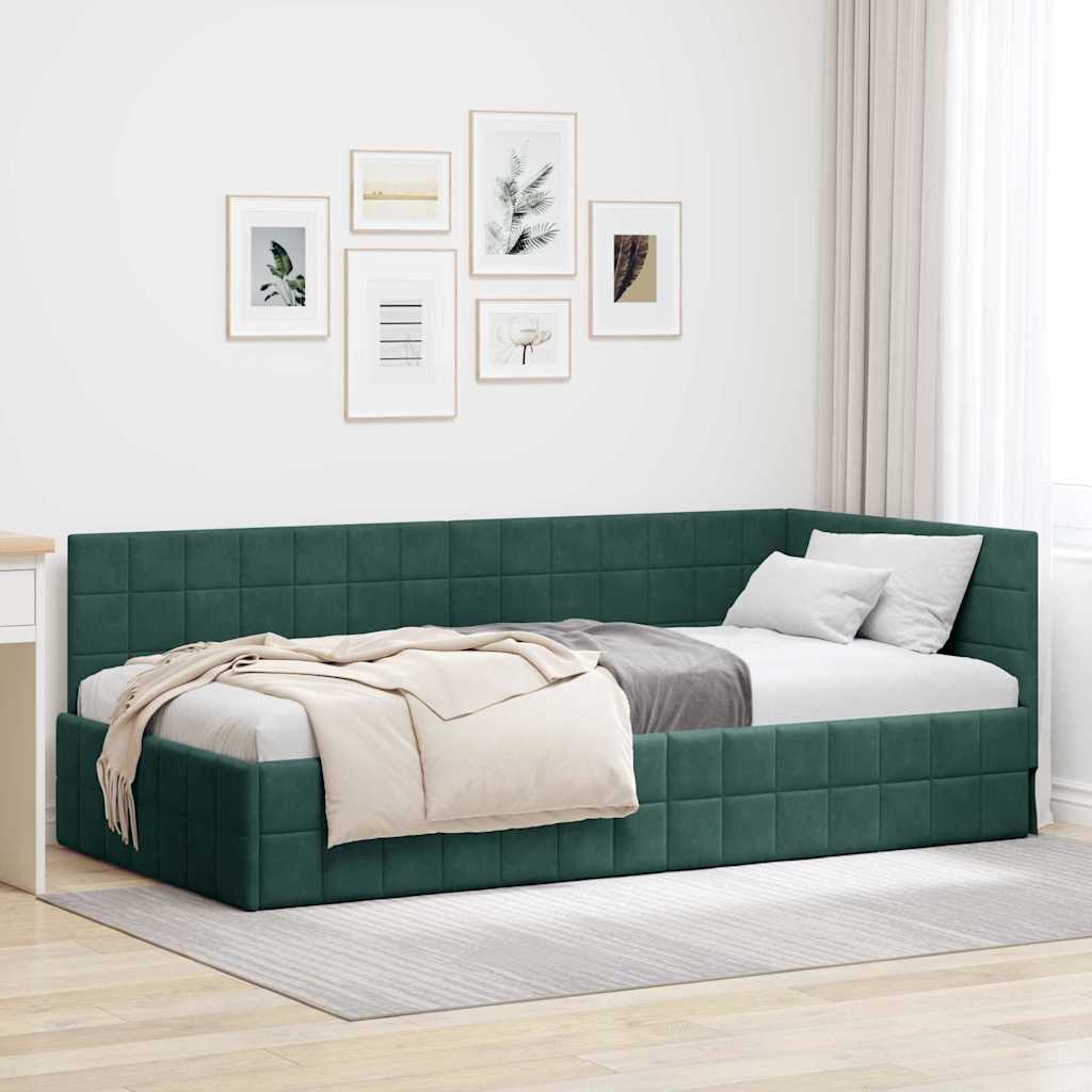 Eckbettgestell mit Kopfteil Dunkelgrün 90 cm x 190 cm Samt
