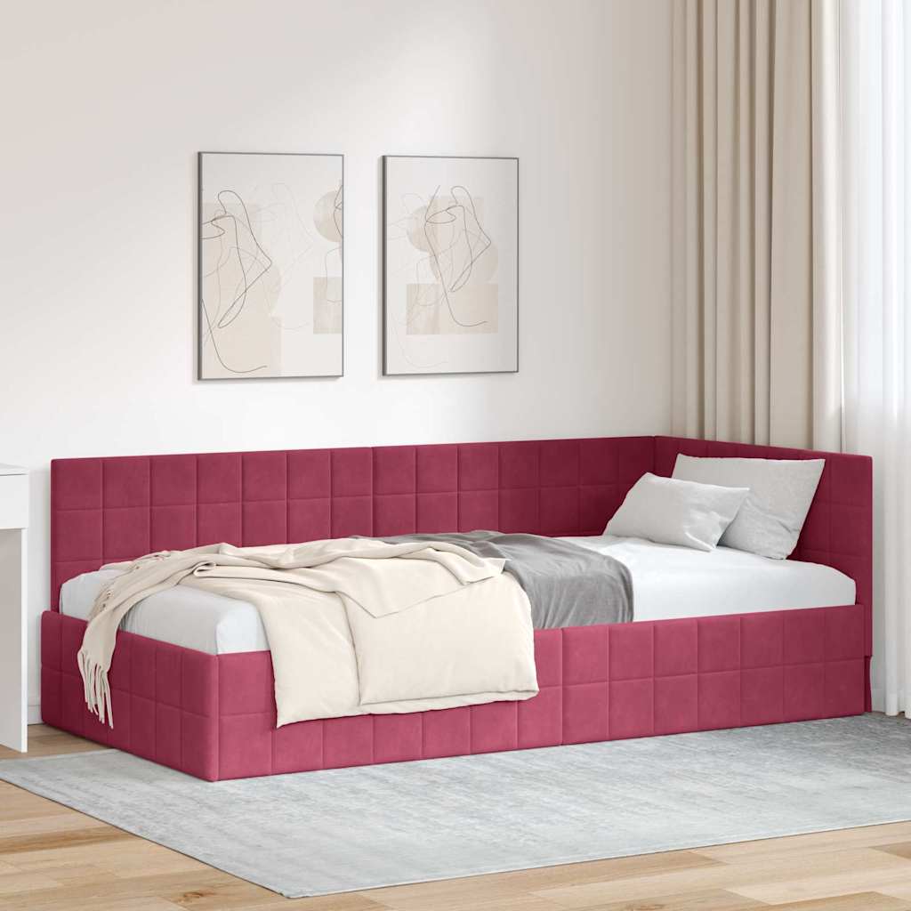 Eckbettgestell mit Kopfteil Weinrot 90 cm x 190 cm Samt
