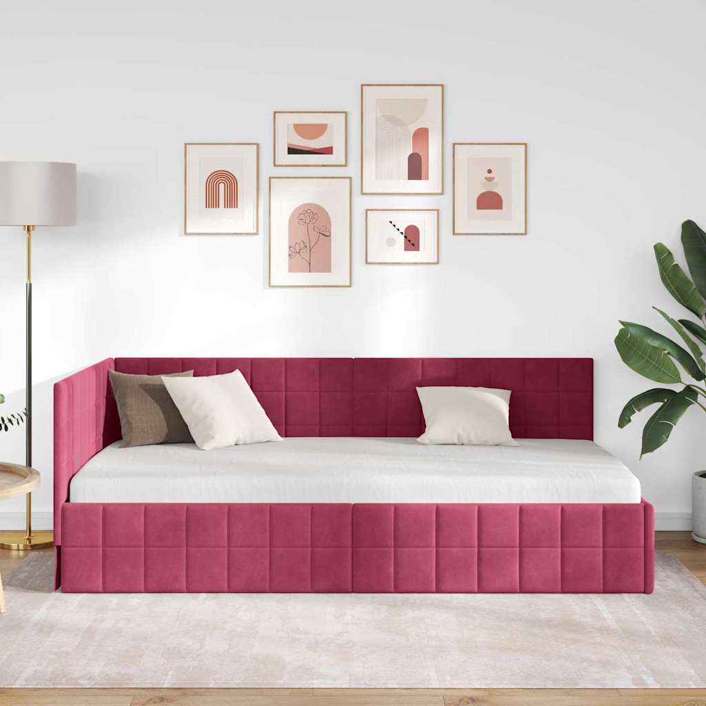 Eckbettgestell mit Kopfteil Weinrot 90 cm x 190 cm Samt