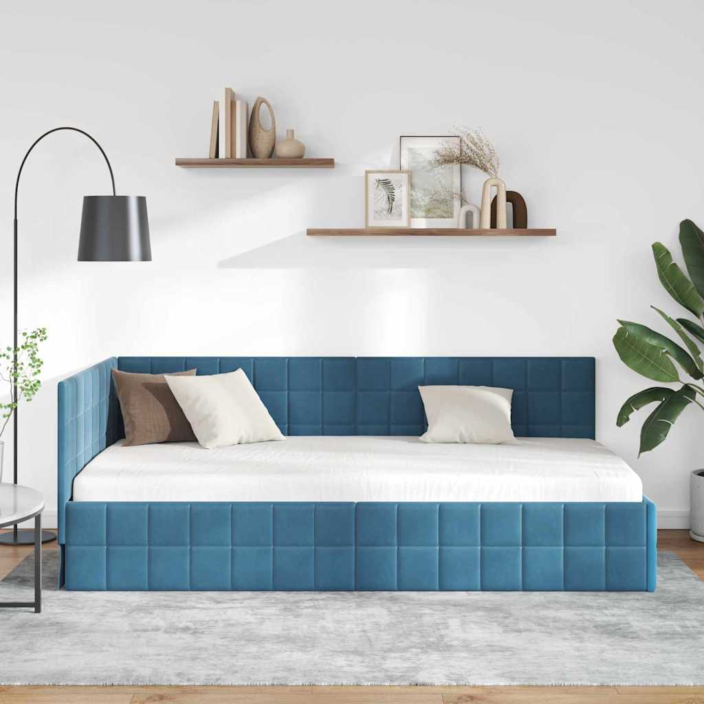 Eckbettgestell mit Kopfteil Blau 90 cm x 200 cm Samt