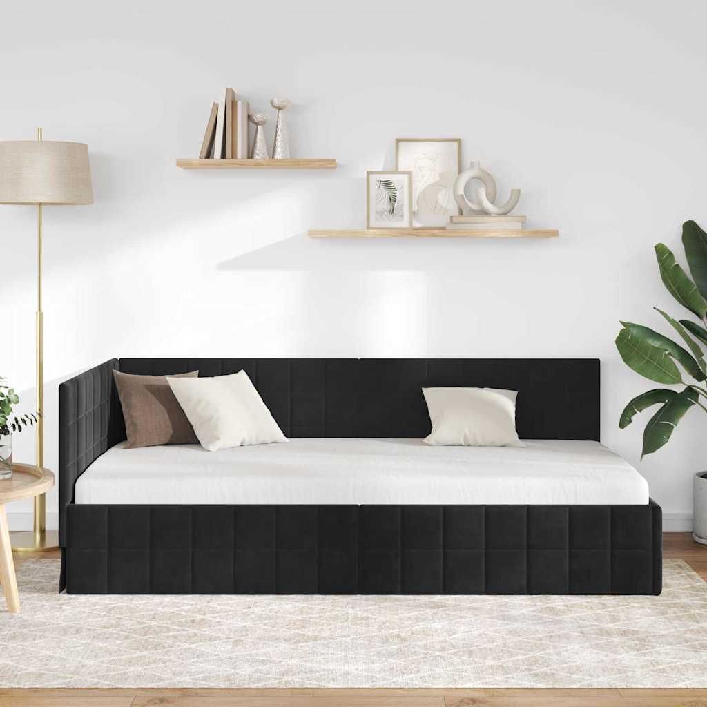 Eckbettgestell mit Kopfteil Schwarz 90 cm x 200 cm Samt