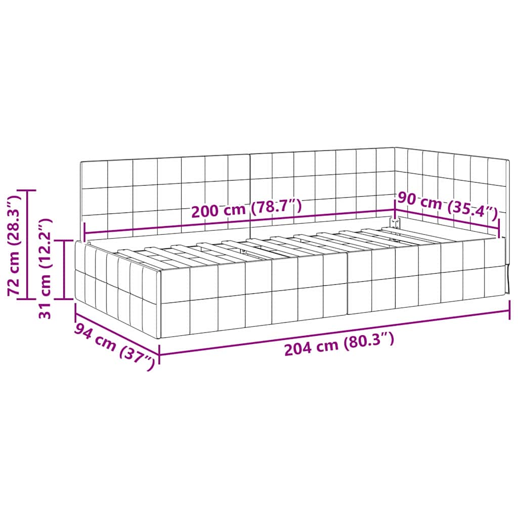 Eckbettgestell mit Kopfteil Schwarz 90 cm x 200 cm Samt