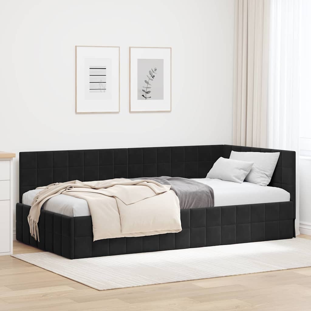 Eckbettgestell mit Kopfteil Schwarz 100 cm x 200 cm Samt
