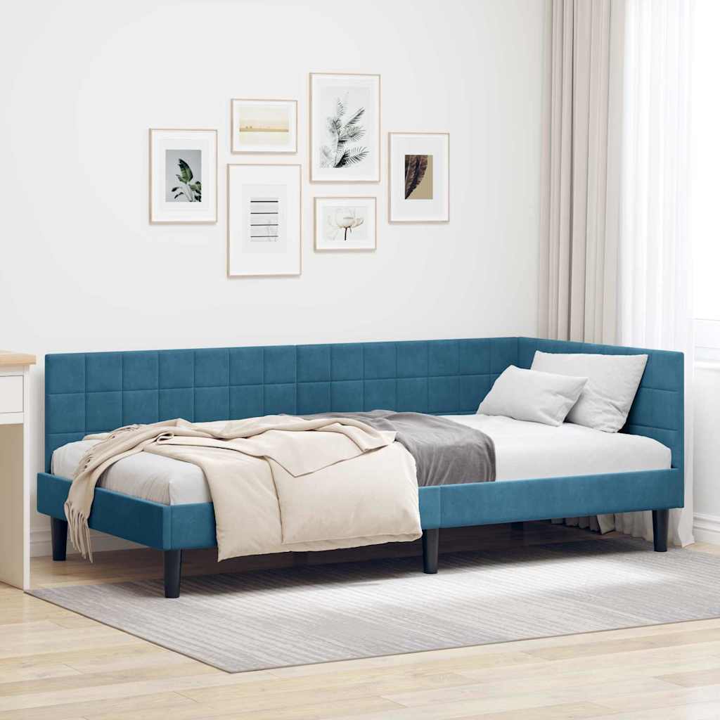 Eckbettgestell mit Kopfteil Blau 90 cm x 200 cm Samt