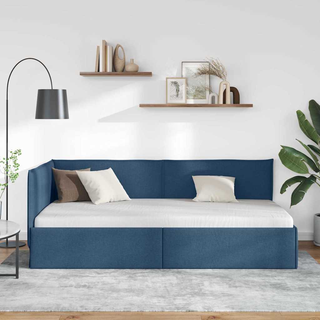 Eckbettgestell mit Kopfteil Blau 100 x 200 cm Stoff