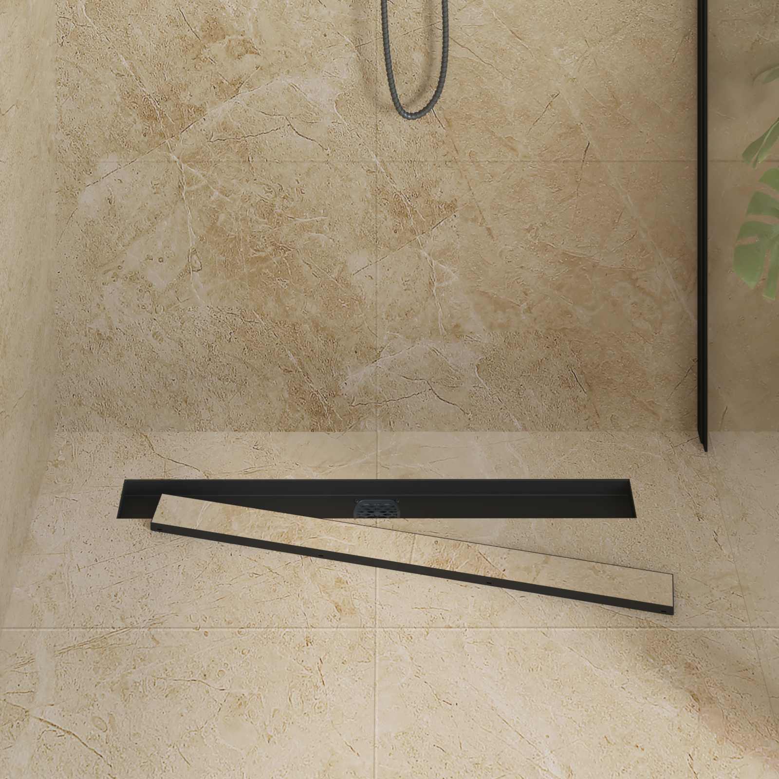 Duschablauf 2-in-1 mit 360° Siphon Schwarz 80 cm Edelstahl 304
