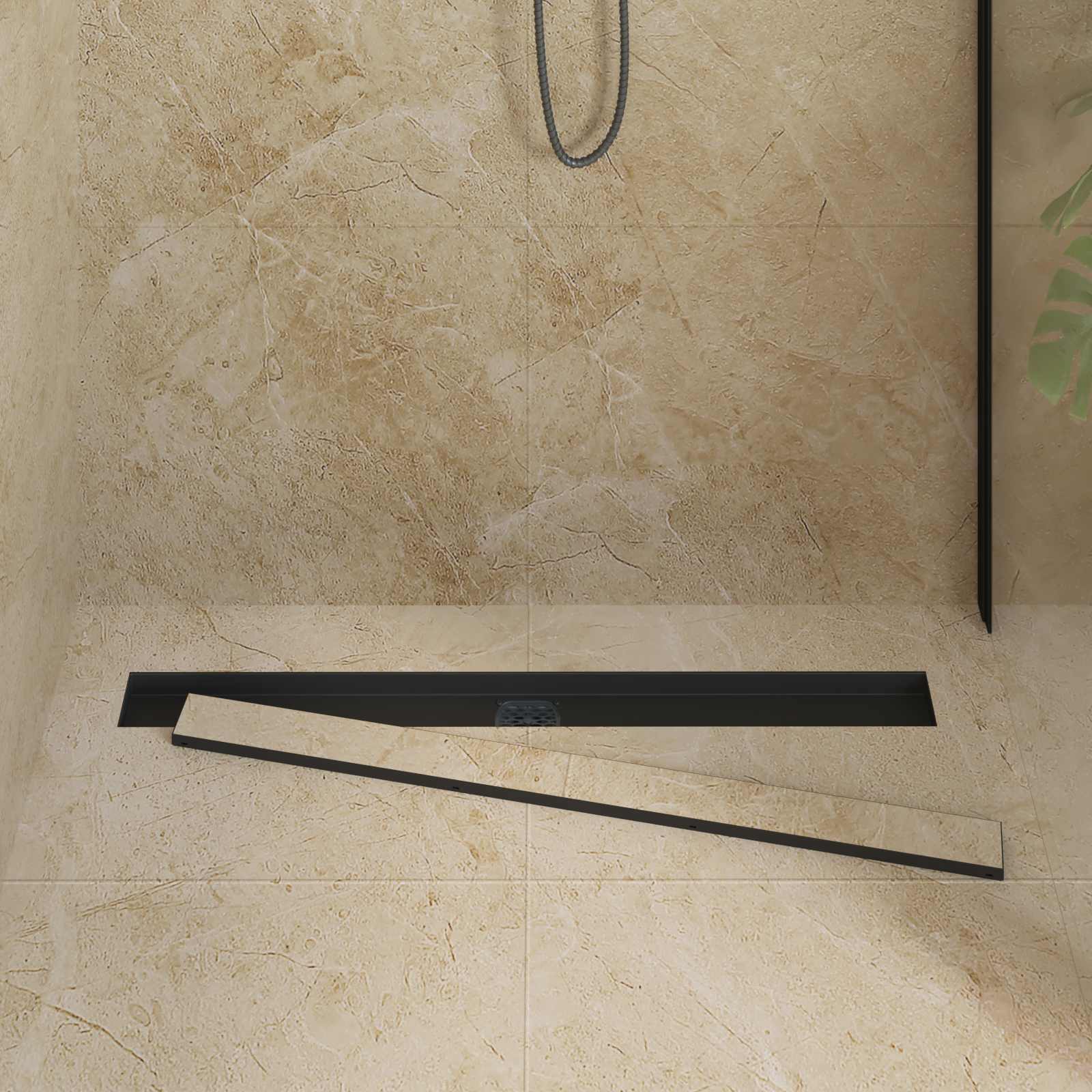 Duschablauf 2-in-1 mit 360° Siphon Schwarz 90 cm Edelstahl 304