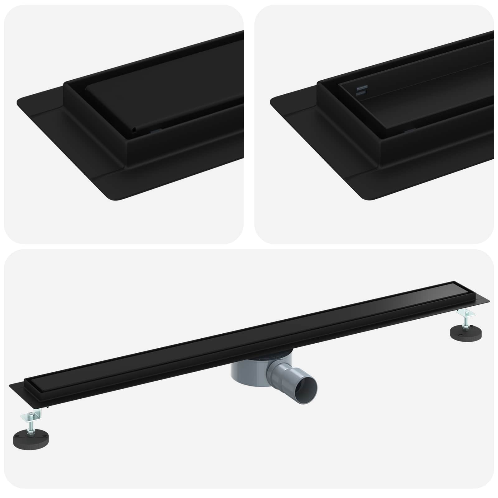 Duschablauf 2-in-1 mit 360° Siphon Schwarz 90 cm Edelstahl 304