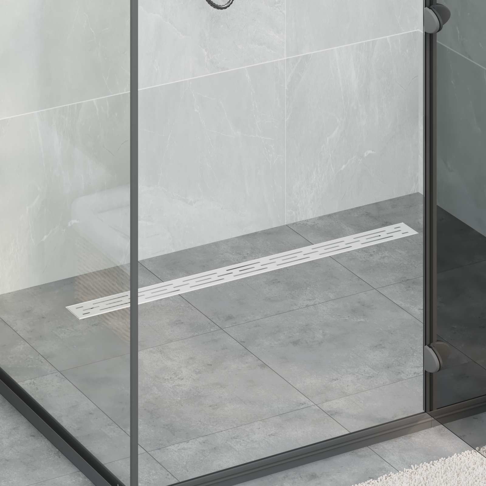 Duschabfluss mit Glashülle und 360° Siphon Silber 90 cm