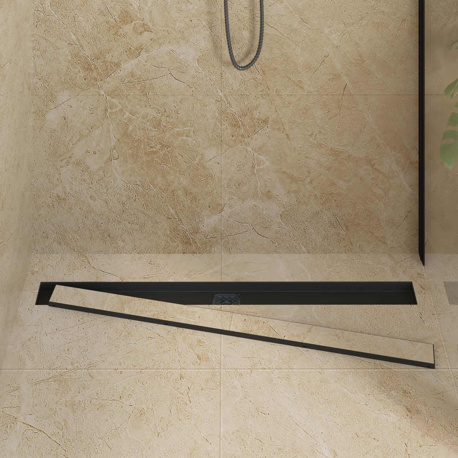 Duschablauf 2-in-1 mit 360° Siphon Schwarz 100 cm Edelstahl 304