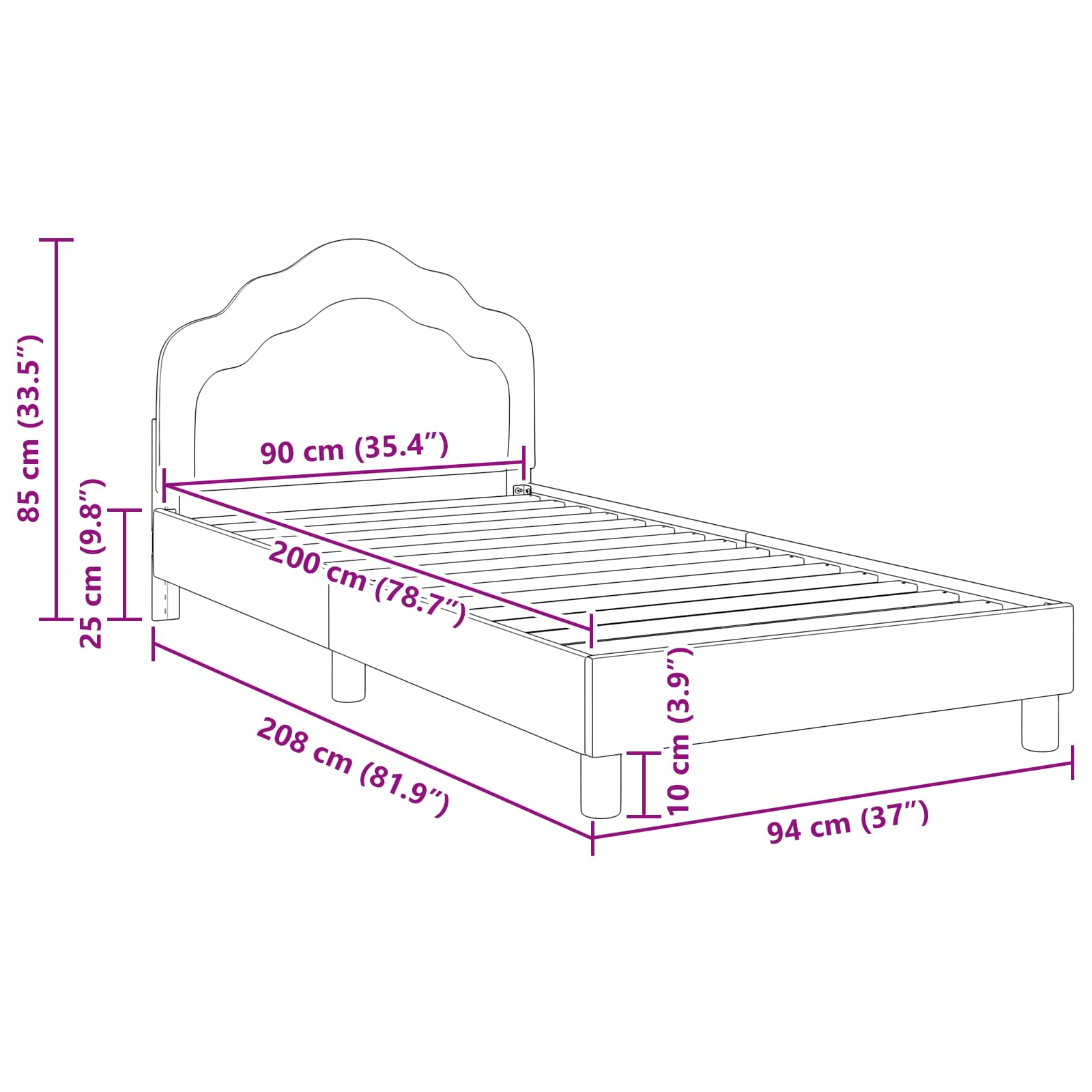 Kinderbettgestell mit Kopfteil Schwarz 90 x 200 cm Samt