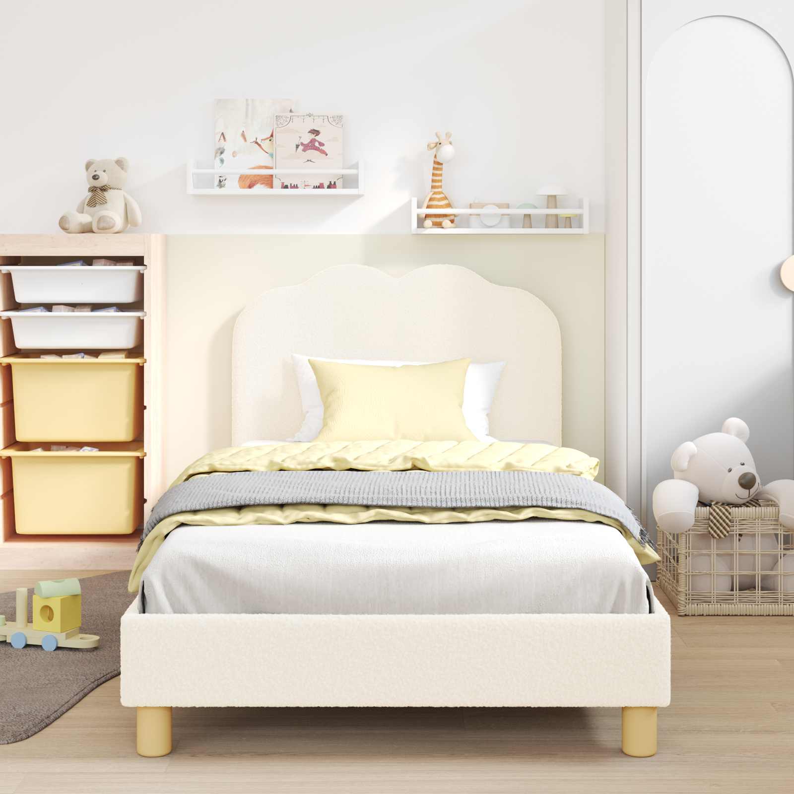 Kinderbettgestell mit Kopfteil Creme 90 x 190 cm Bouclé