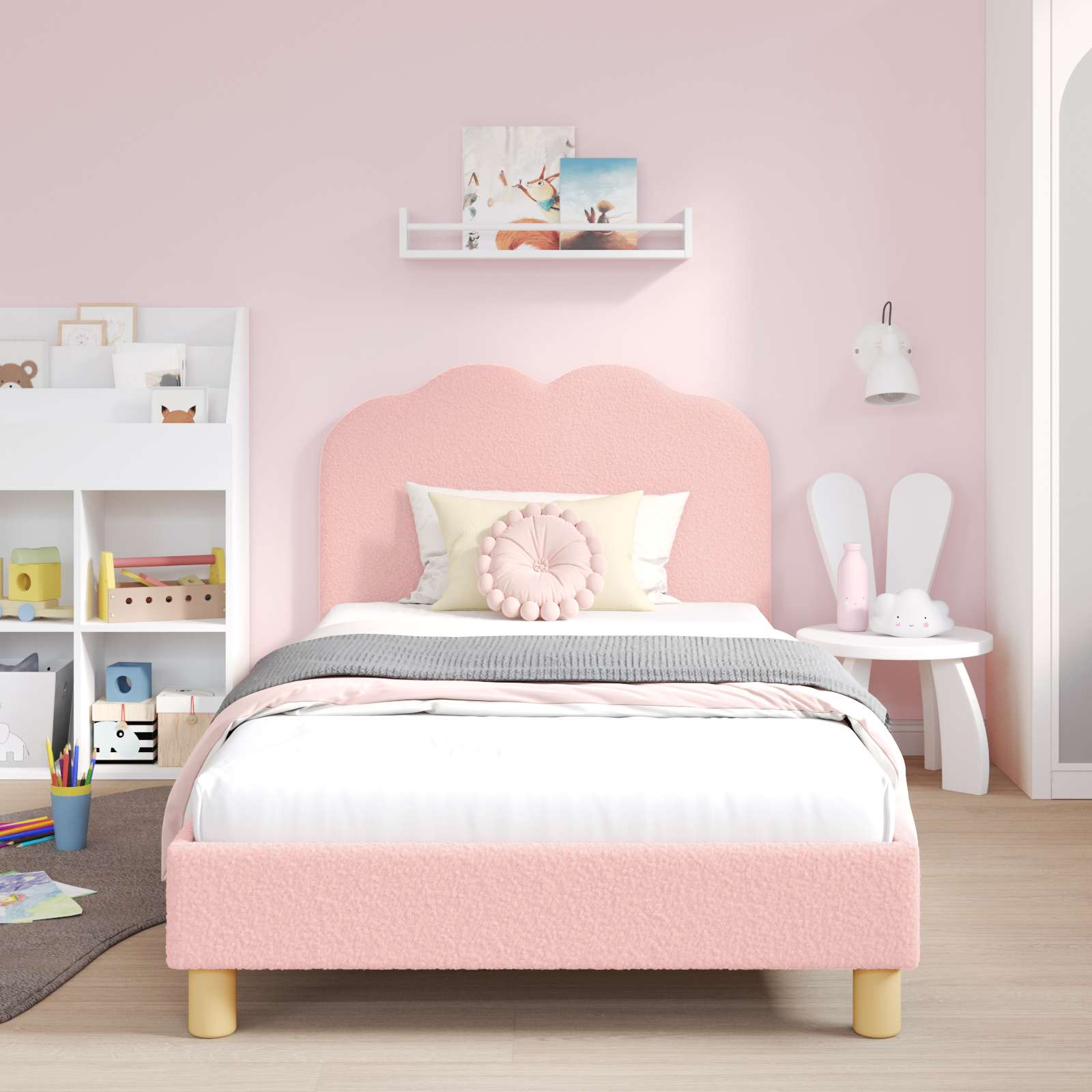 Kinderbettgestell mit Kopfteil Rosa 90 x 190 cm Bouclé
