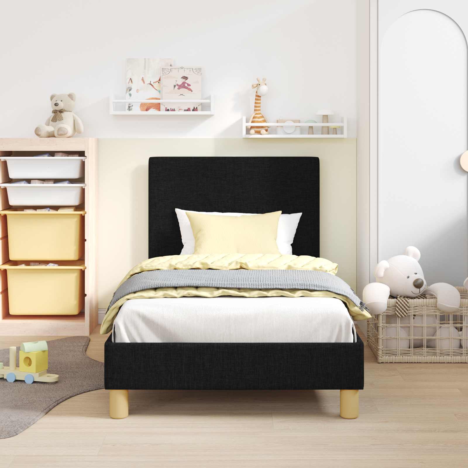 Kinderbettgestell mit Kopfteil Schwarz 80 x 160 cm Stoff