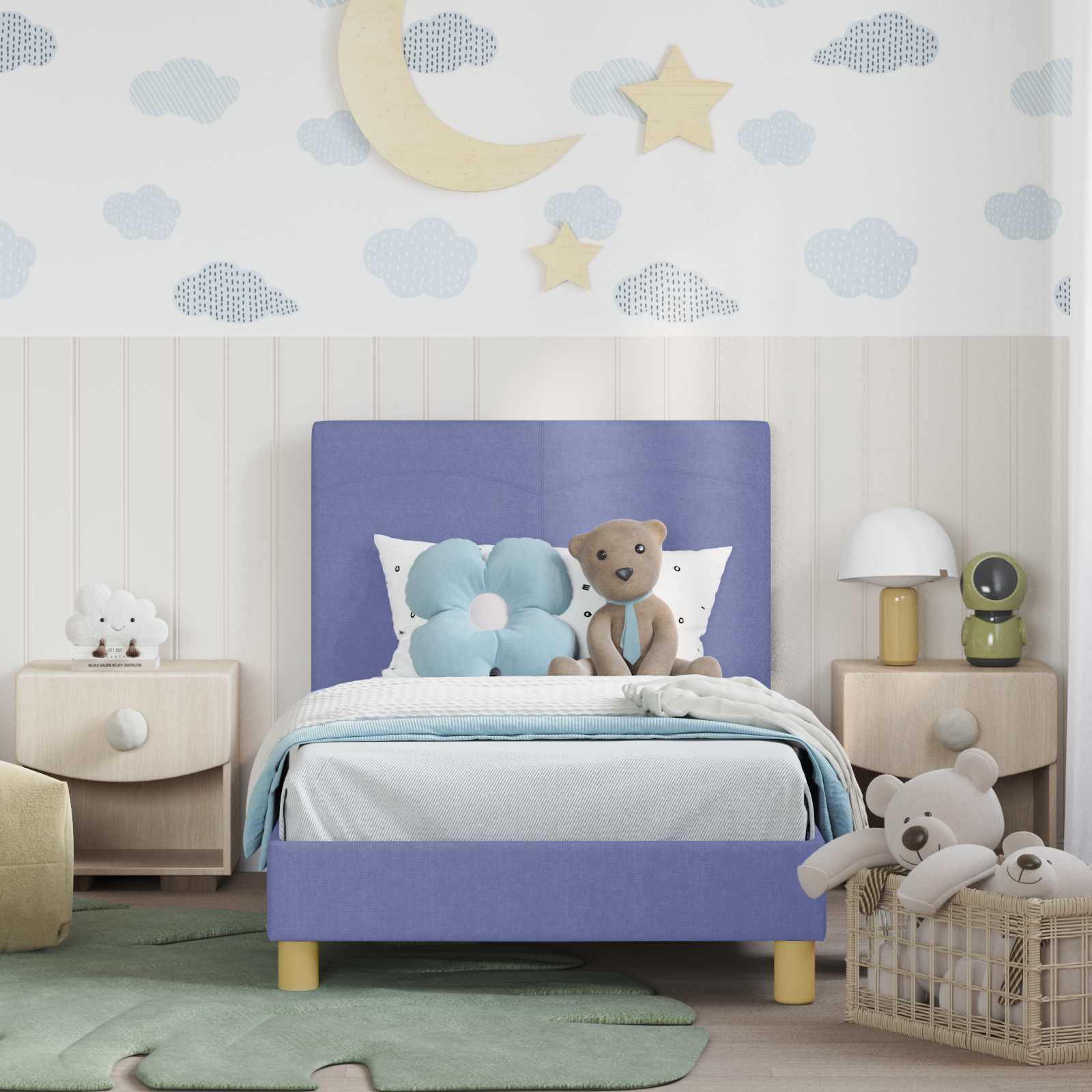 Kinderbettgestell mit Kopfteil Jeans blau 80 x 160 cm Stoff