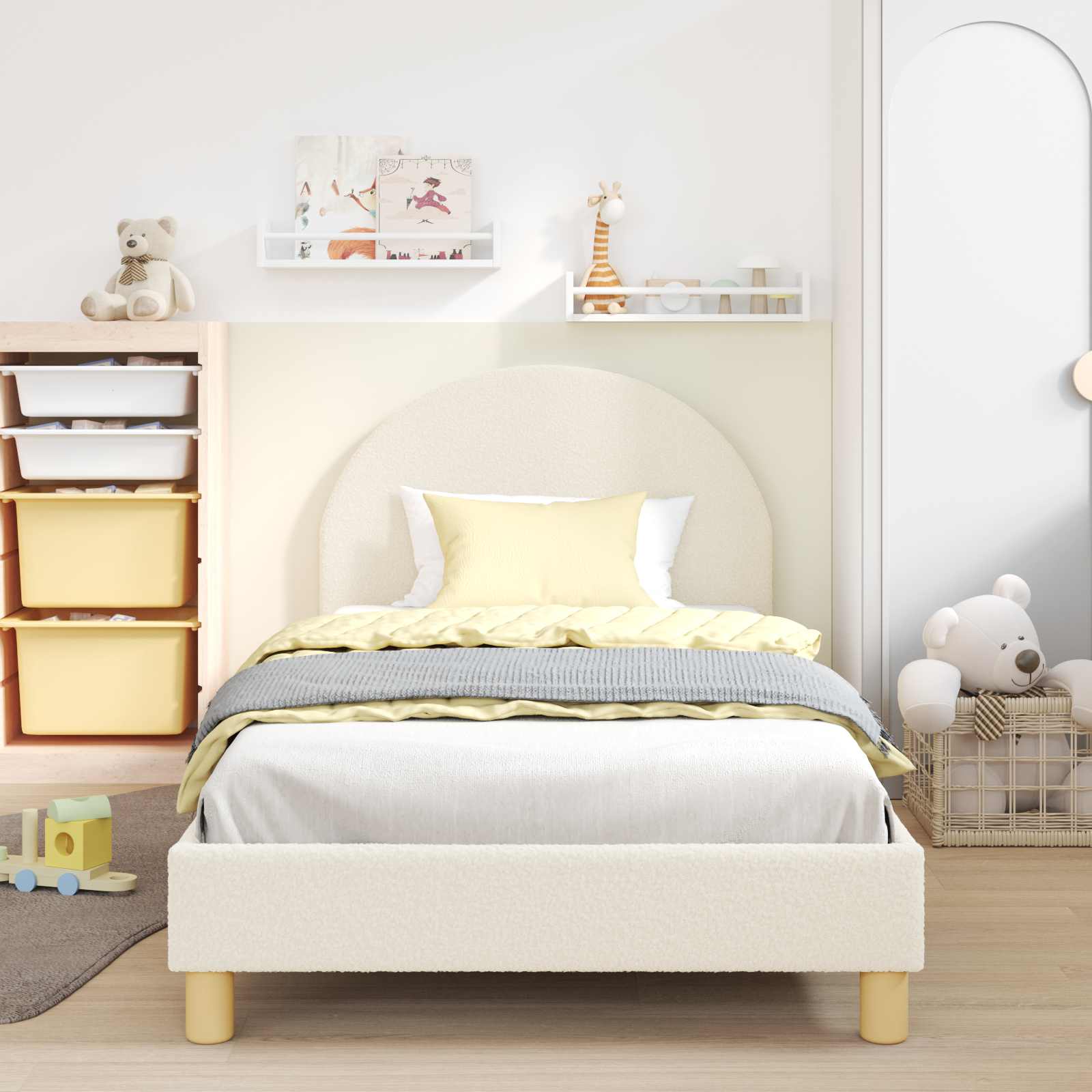 Kinderbettgestell mit Kopfteil Creme 90 x 190 cm Bouclé