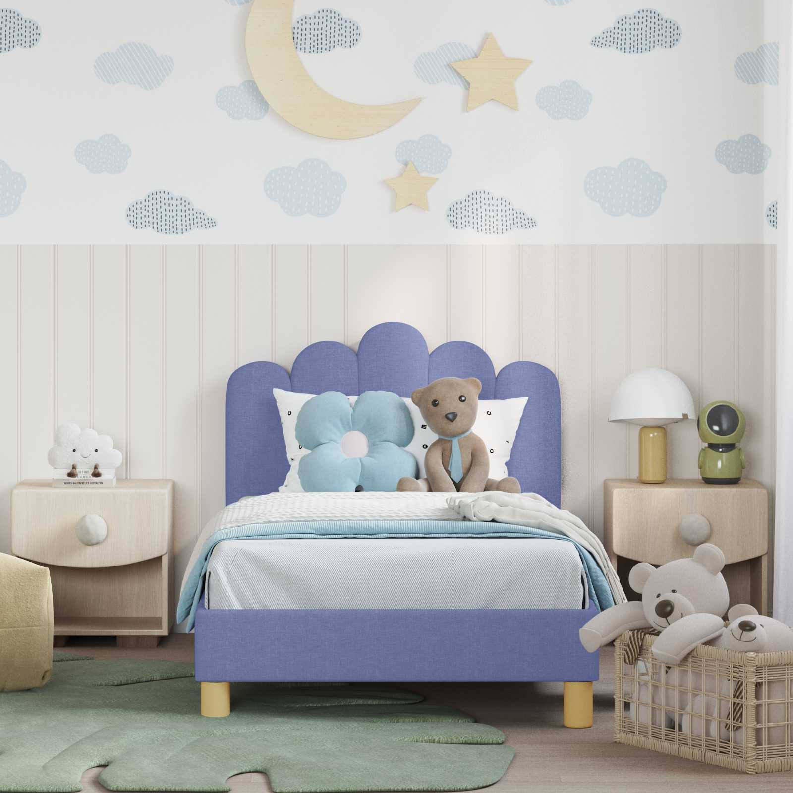 Kinderbettgestell mit Kopfteil Jeans blau 80 x 160 cm Stoff