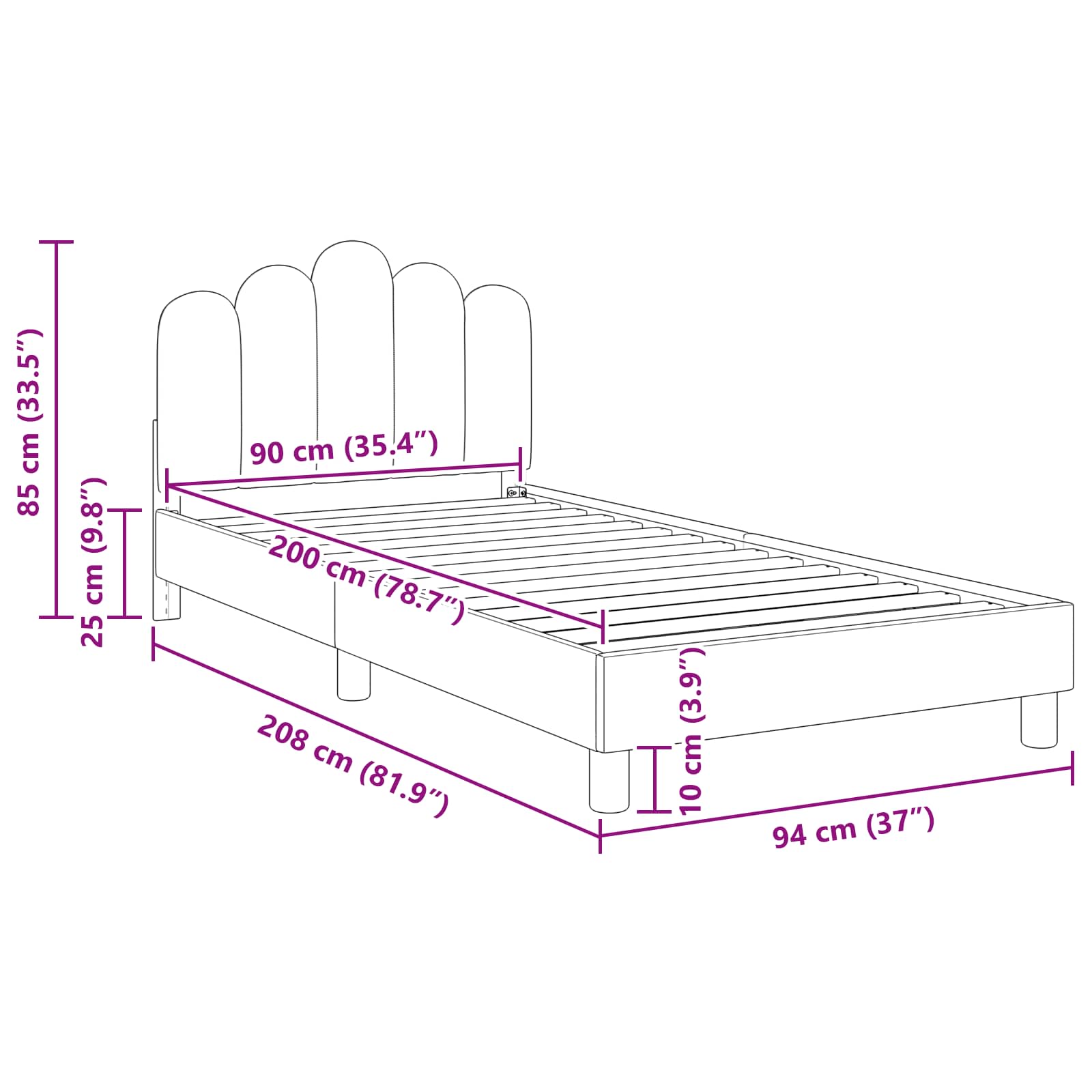Kinderbettgestell mit Kopfteil Dunkelgrau 90 x 200 cm Stoff
